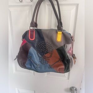 AmeriLeather QMetal Skull & Crossbones Studded Colorful Leather Satchel Tote Bag